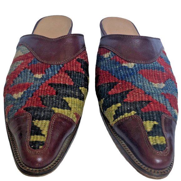 Kilim Art 100% Red Blue Aztec Wool Tapestry & Leather Slide Mule Shoes Women's 6 - Picture 2 of 7